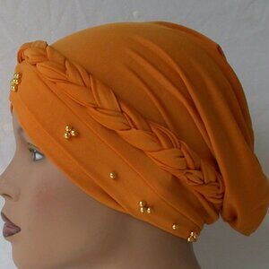 Women's Instant Turban Hijab Braid Chemo Cap Muslim Headcover Orange Bonnet